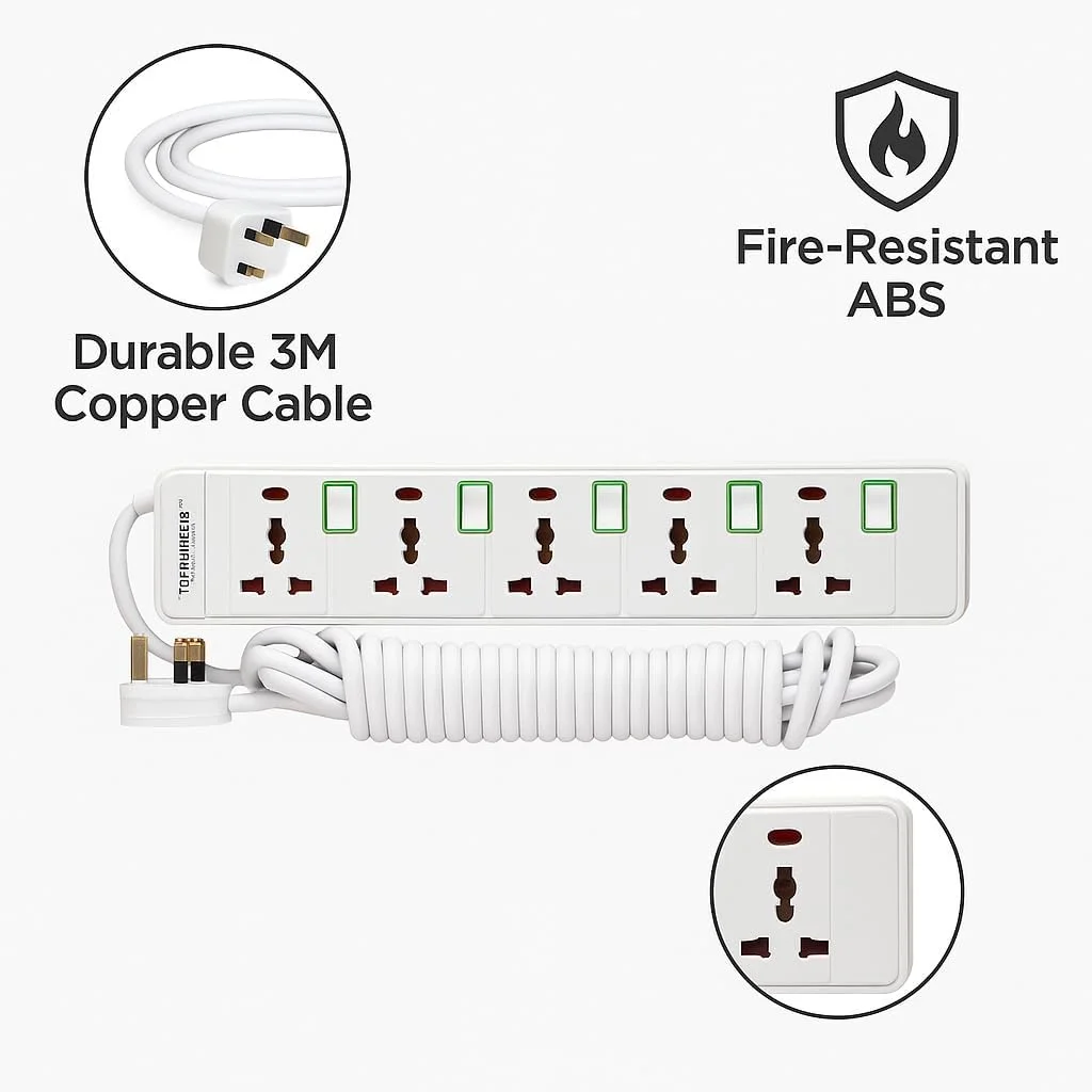 پریز برق چندراهی ترمیناتور با کابل 3 متری، دوشاخه فیوزدار 13 آمپر UK، کلیدهای سبز رنگ مجزا با نشانگر LED، صفحه برق مقاوم در برابر آتش برای خانه، دفتر و لوازم خانگی