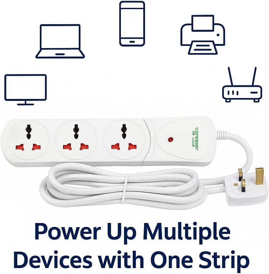سه راهی برق یونیورسال ترمیناتور TPB 13A با کابل 1.5 متری، نشانگر LED، دارای تاییدیه MoIAT، بدنه ABS ضد حریق، دوشاخه فیوزدار 13 آمپر UK، محافظ برق جمع و جور برای خانه، دفتر و لوازم الکترونیکی