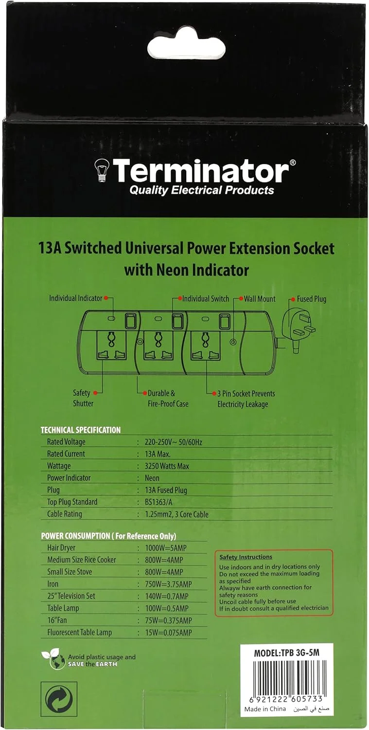 سه راهی برق یونیورسال ترمیناتور، کابل 5 متری، دوشاخه فیوزدار 13 آمپر، مقاوم در برابر آتش، کلیدهای جداگانه با نشانگر نئون، محافظ ایمنی، دارای تاییدیه ESMA مدل TPB 3G-5M
