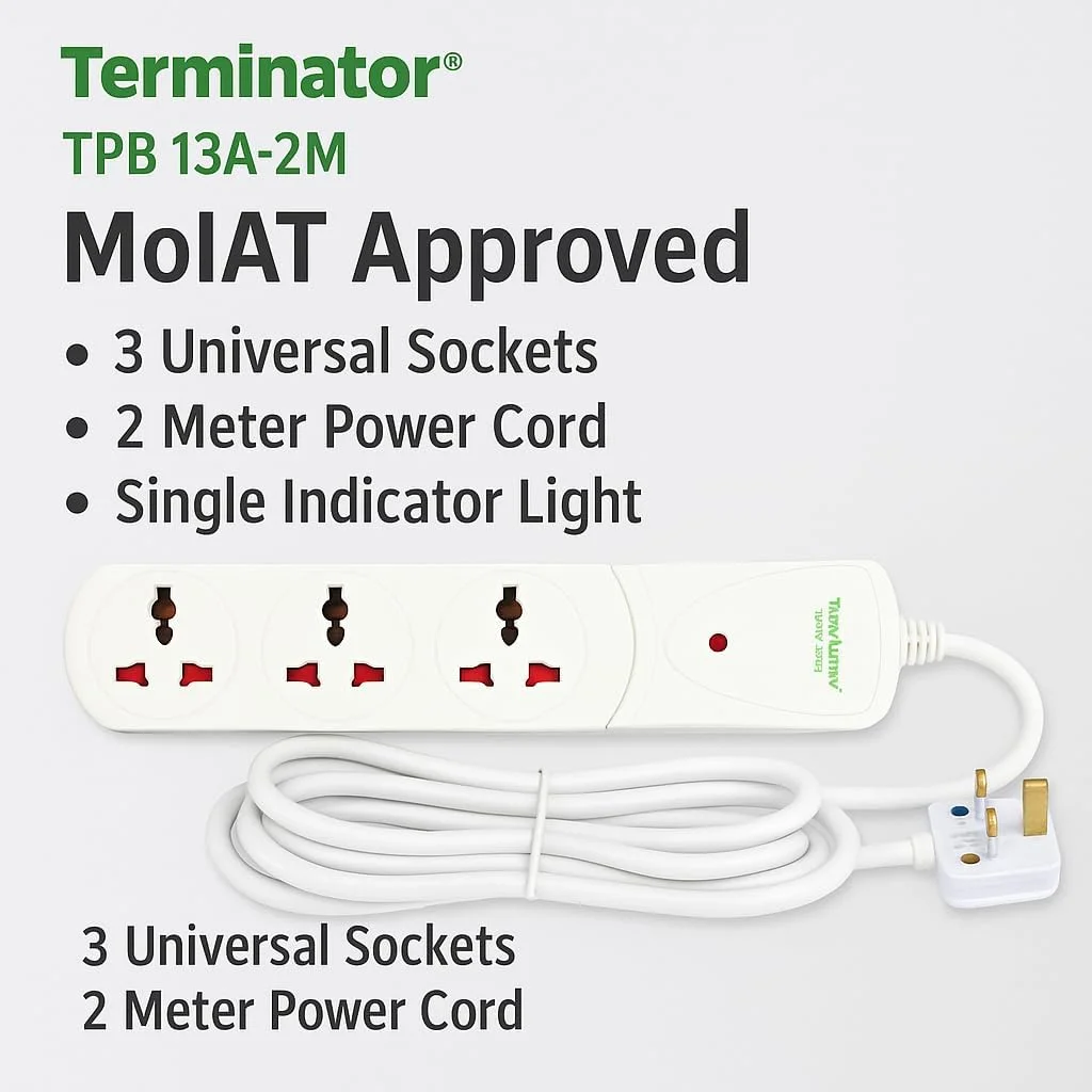 سه راهی برق یونیورسال ترمیناتور TPB 13A با کابل 1.5 متری، نشانگر LED، دارای تاییدیه MoIAT، بدنه ABS ضد حریق، دوشاخه فیوزدار 13 آمپر UK، محافظ برق جمع و جور برای خانه، دفتر و لوازم الکترونیکی