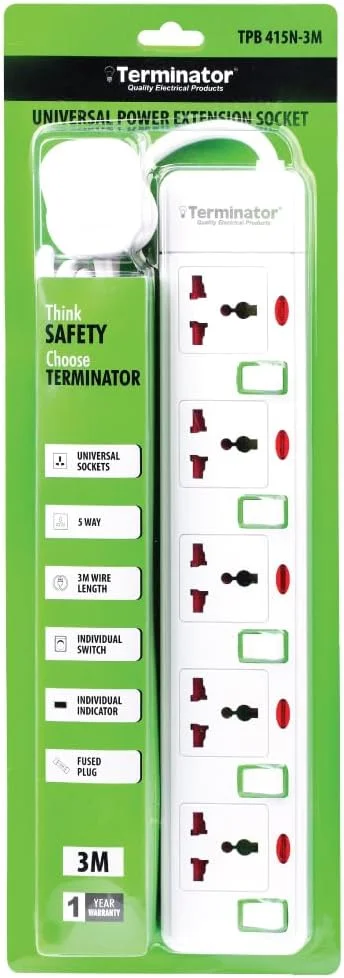 پریز برق چندراهی ترمیناتور با کابل 3 متری، دوشاخه فیوزدار 13 آمپر UK، کلیدهای سبز رنگ مجزا با نشانگر LED، صفحه برق مقاوم در برابر آتش برای خانه، دفتر و لوازم خانگی