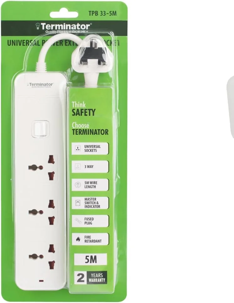 سه راهی برق یونیورسال ترمیناتور TPB 33 با کابل 5 متری ضخیم، دوشاخه فیوزدار 13 آمپر، کلید اصلی، نشانگر LED و بدنه ABS ضد حریق - محافظ برق چند منظوره برای خانه، دفتر و مسافرت
