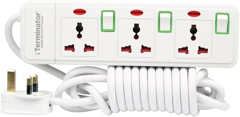 سه راهی برق یونیورسال ترمیناتور مدل TPB 413N-3M با کابل 3 متری، کلیدهای مجزا، نشانگر LED، فیوز 13 آمپر، جنس ABS ضد حریق - محافظ برق چند منظوره برای خانه و اداره