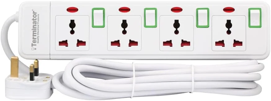 چهارراهی برق یونیورسال Terminator TPB 414N-5M با کابل 5 متری، دارای کلیدهای مجزا و نشانگر LED، ساخته شده از ABS مقاوم در برابر آتش، کابل مسی، دوشاخه 13 آمپر