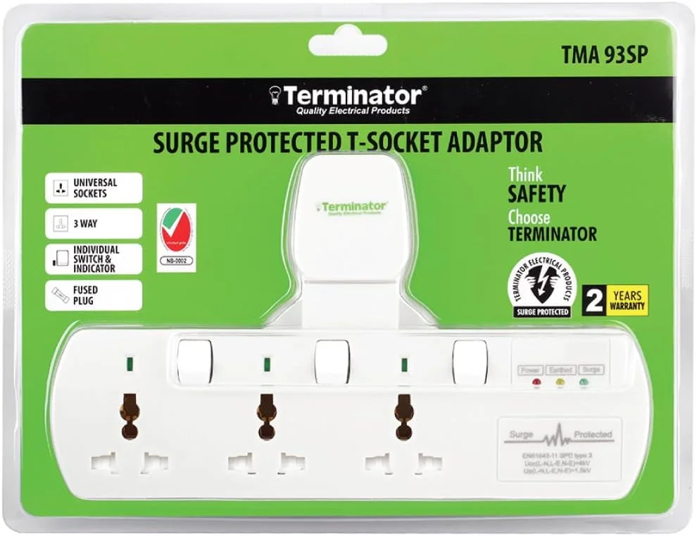 تبدیل سه راهی برق ترمیناتور با محافظت در برابر نوسانات برق، سه راهی یونیورسال با محافظ نوسان، کلید و نشانگر مجزا