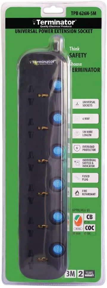 سیم رابط برق 6 راهی یونیورسال ترمیناتور، محافظ برق و نوار برق 13 آمپر، کلیدهای آبی مجزا، بدنه مشکی مقاوم در برابر آتش، کابل مسی سنگین 5 متری - دوشاخه UK، 220-240 ولت