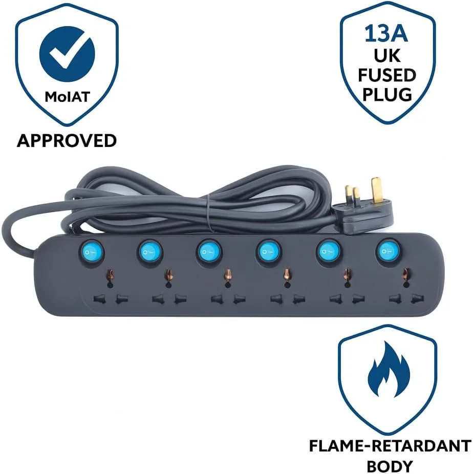 سیم رابط برق 6 راهی یونیورسال ترمیناتور، محافظ برق و نوار برق 13 آمپر، کلیدهای آبی مجزا، بدنه مشکی مقاوم در برابر آتش، کابل مسی سنگین 5 متری - دوشاخه UK، 220-240 ولت