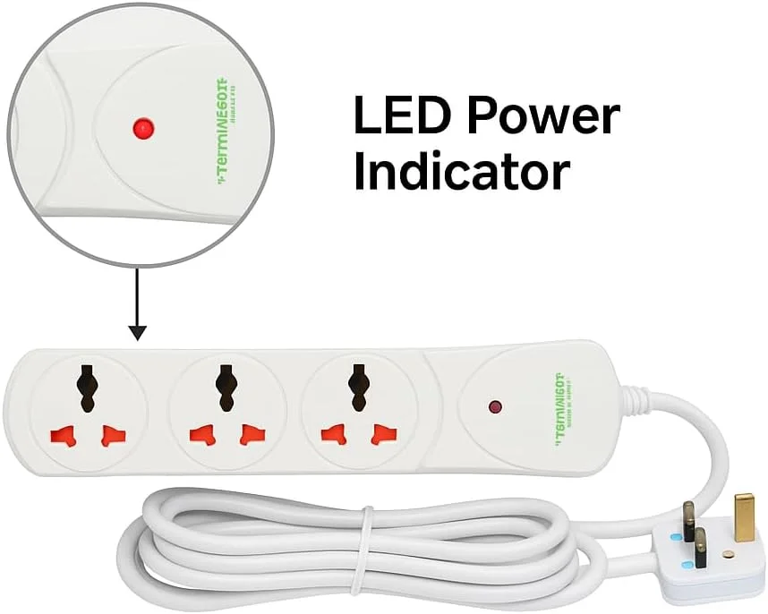 سه راهی برق یونیورسال ترمیناتور TPB 13A-3M با کابل 3 متری ضخیم، نشانگر LED، فیوز 13 آمپر، بدنه ABS ضد حریق و محافظ اضافه بار - سه راهی برق 3 پورت