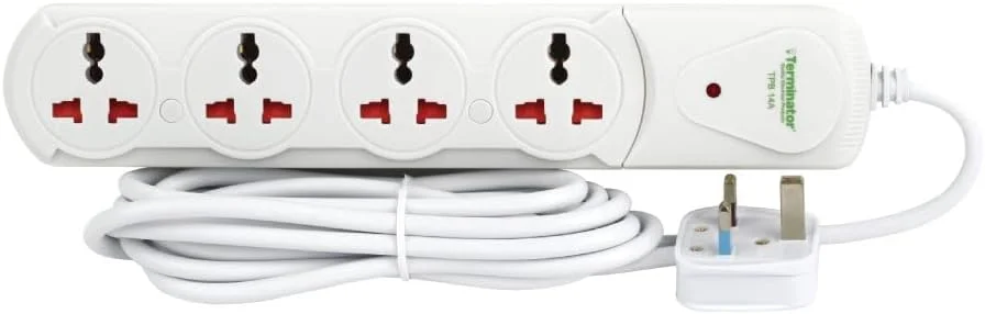 سوکت توسعه جهانی 4 طرفه ترمیناتور TPB 14A-3M – محافظ برق دارای تاییدیه MoIAT، کابل 3 متری مقاوم، نشانگر LED، دوشاخه فیوزدار 13 آمپر UK، ABS مقاوم در برابر آتش، محافظت از اضافه بار برای خانه و دفتر