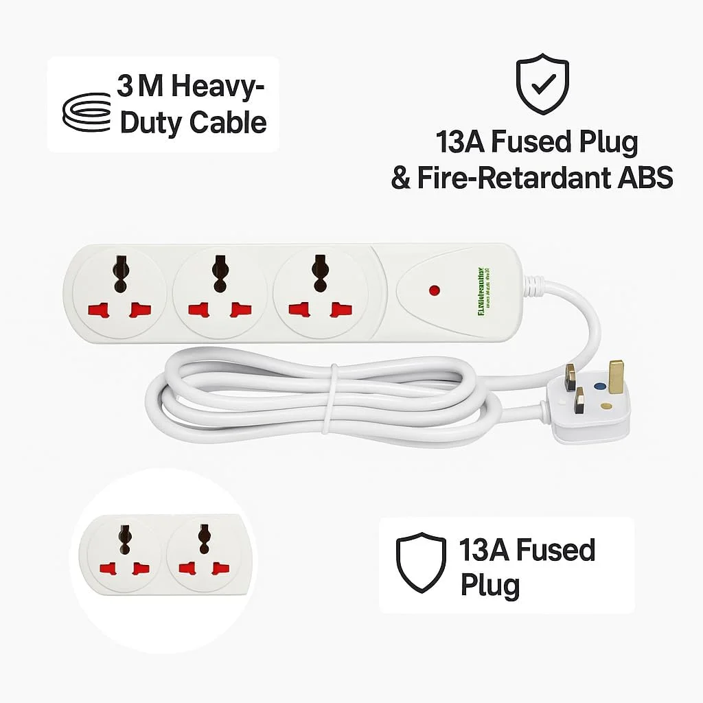 سه راهی برق یونیورسال ترمیناتور TPB 13A-3M با کابل 3 متری ضخیم، نشانگر LED، فیوز 13 آمپر، بدنه ABS ضد حریق و محافظ اضافه بار - سه راهی برق 3 پورت