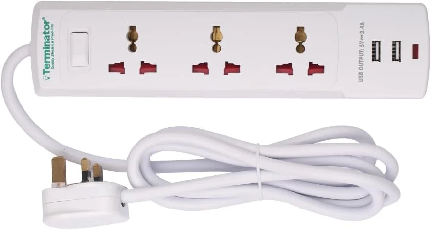 سه راهی برق یونیورسال ترمیناتور مدل TPB 523-2USB با 2 پورت USB | کابل 3 متری | دوشاخه فیوزدار 13 آمپر | کلید اصلی با نشانگر | سفید |
