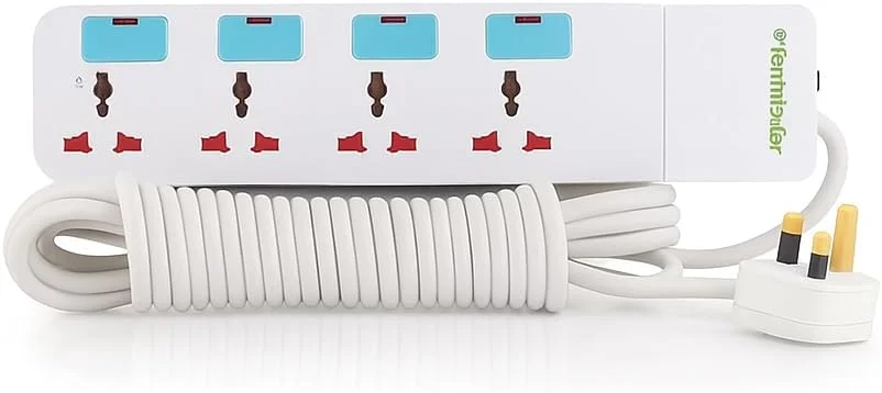 چهار راهی برق یونیورسال ترمیناتور مدل TPB 814-5M با کابل 5 متری، کلیدهای جداگانه با نشانگر LED، دوشاخه فیوزدار 13 آمپر، محافظ برق ABS ضد حریق برای لوازم الکترونیکی منزل و اداره - سفید