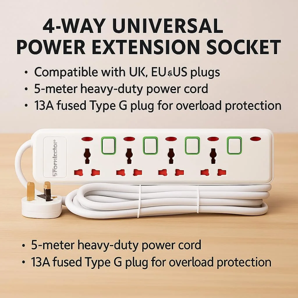 چهارراهی برق یونیورسال Terminator TPB 414N-5M با کابل 5 متری، دارای کلیدهای مجزا و نشانگر LED، ساخته شده از ABS مقاوم در برابر آتش، کابل مسی، دوشاخه 13 آمپر چهارراهی برق یونیورسال Terminator TPB 414N-5M با کابل 5 متری، دارای کلیدهای مجزا و نشانگر LED، ساخته شده از ABS مقاوم در برابر آتش، کابل مسی، دوشاخه 13 آمپر