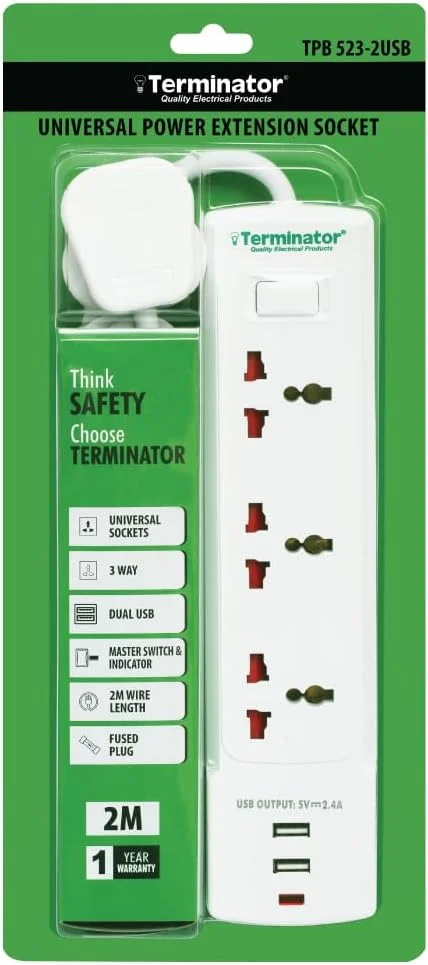 سه راهی برق یونیورسال ترمیناتور مدل TPB 523-2USB با 2 پورت USB | کابل 3 متری | دوشاخه فیوزدار 13 آمپر | کلید اصلی با نشانگر | سفید |