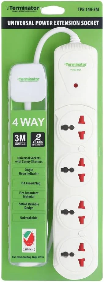 سوکت توسعه جهانی 4 طرفه ترمیناتور TPB 14A-3M – محافظ برق دارای تاییدیه MoIAT، کابل 3 متری مقاوم، نشانگر LED، دوشاخه فیوزدار 13 آمپر UK، ABS مقاوم در برابر آتش، محافظت از اضافه بار برای خانه و دفتر