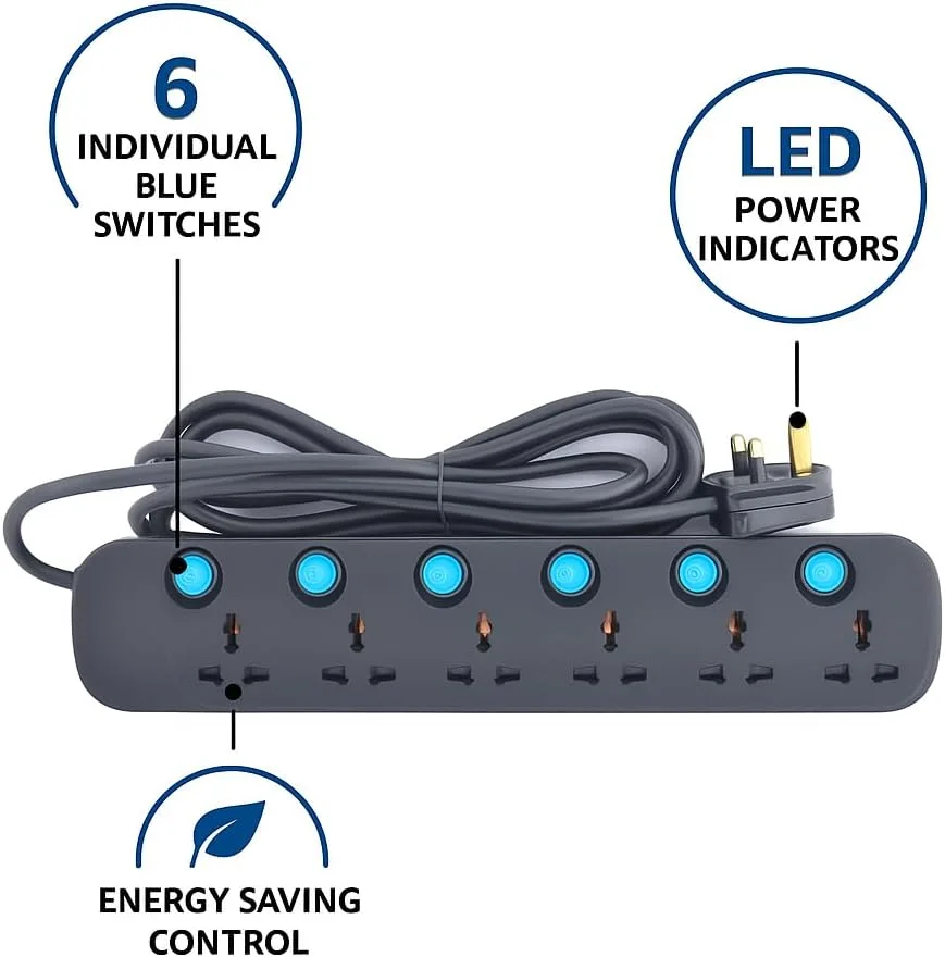 سیم رابط برق 6 راهی یونیورسال ترمیناتور، محافظ برق و نوار برق 13 آمپر، کلیدهای آبی مجزا، بدنه مشکی مقاوم در برابر آتش، کابل مسی سنگین 5 متری - دوشاخه UK، 220-240 ولت