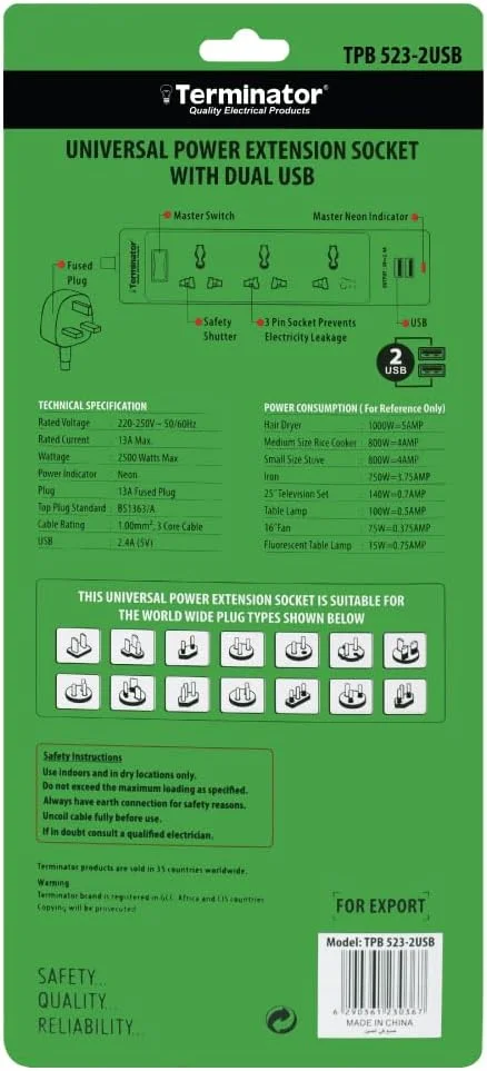سه راهی برق یونیورسال ترمیناتور مدل TPB 523-2USB با 2 پورت USB | کابل 3 متری | دوشاخه فیوزدار 13 آمپر | کلید اصلی با نشانگر | سفید |