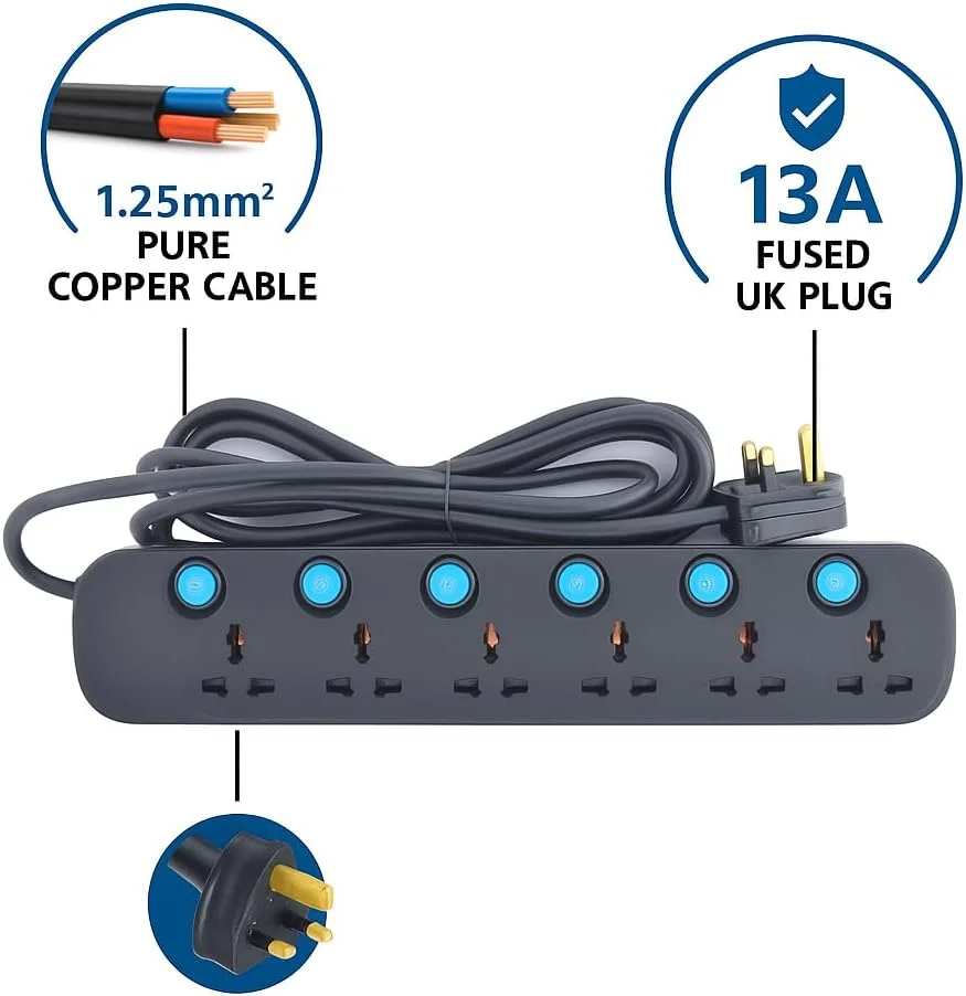 سیم رابط برق 6 راهی یونیورسال ترمیناتور، محافظ برق و نوار برق 13 آمپر، کلیدهای آبی مجزا، بدنه مشکی مقاوم در برابر آتش، کابل مسی سنگین 5 متری - دوشاخه UK، 220-240 ولت