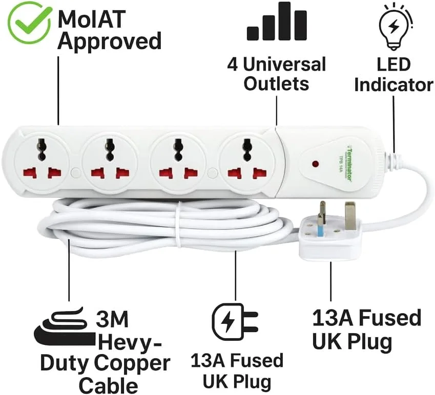 سوکت توسعه جهانی 4 طرفه ترمیناتور TPB 14A-3M – محافظ برق دارای تاییدیه MoIAT، کابل 3 متری مقاوم، نشانگر LED، دوشاخه فیوزدار 13 آمپر UK، ABS مقاوم در برابر آتش، محافظت از اضافه بار برای خانه و دفتر