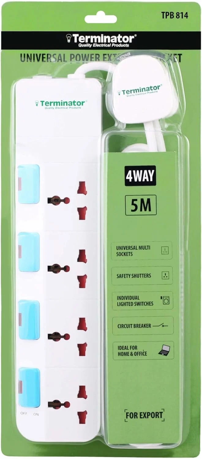 چهار راهی برق یونیورسال ترمیناتور مدل TPB 814-5M با کابل 5 متری، کلیدهای جداگانه با نشانگر LED، دوشاخه فیوزدار 13 آمپر، محافظ برق ABS ضد حریق برای لوازم الکترونیکی منزل و اداره - سفید