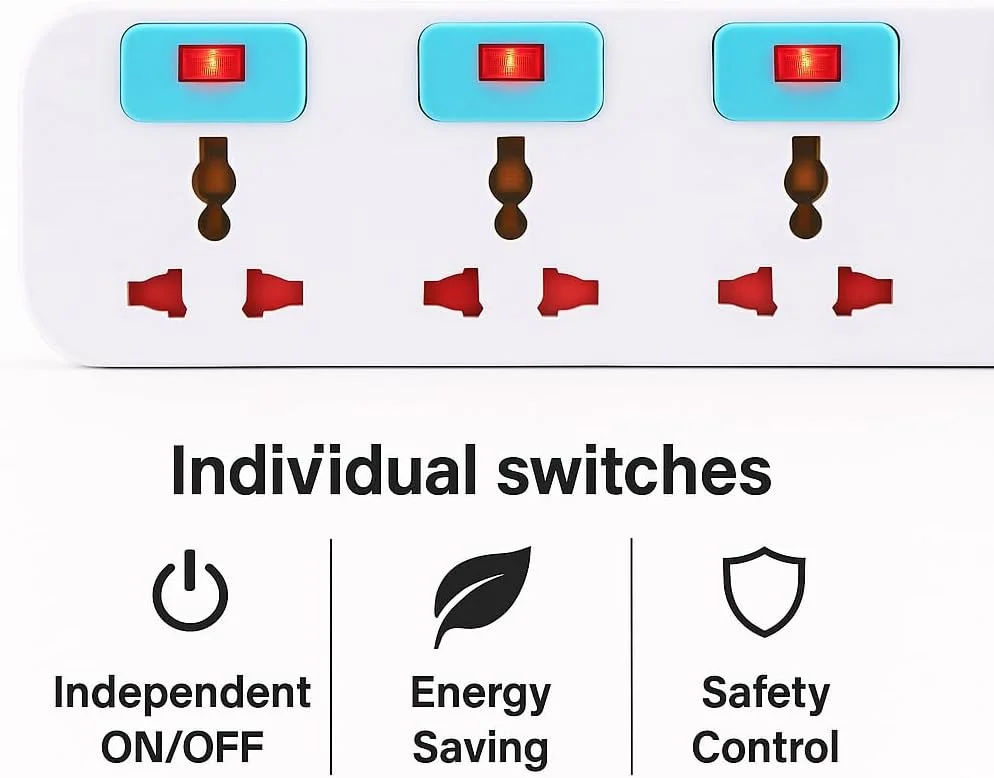 چهار راهی برق یونیورسال ترمیناتور مدل TPB 814-5M با کابل 5 متری، کلیدهای جداگانه با نشانگر LED، دوشاخه فیوزدار 13 آمپر، محافظ برق ABS ضد حریق برای لوازم الکترونیکی منزل و اداره - سفید