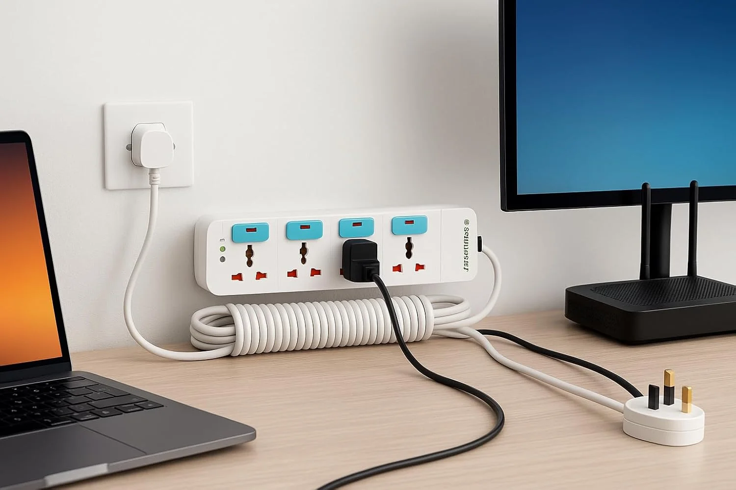 چهار راهی برق یونیورسال ترمیناتور مدل TPB 814-5M با کابل 5 متری، کلیدهای جداگانه با نشانگر LED، دوشاخه فیوزدار 13 آمپر، محافظ برق ABS ضد حریق برای لوازم الکترونیکی منزل و اداره - سفید