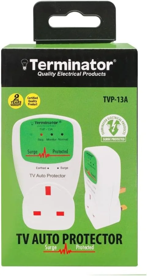محافظ ولتاژ اتوماتیک تلویزیون ترمیناتور TVP-13A، محافظ برق 13 آمپر برای تلویزیون و لوازم الکترونیکی، قطع برق زیر 100 ولت و بالای 250 ولت، پاسخ سریع 8/20µs، محافظت از لوازم خانگی و اداری - سفید