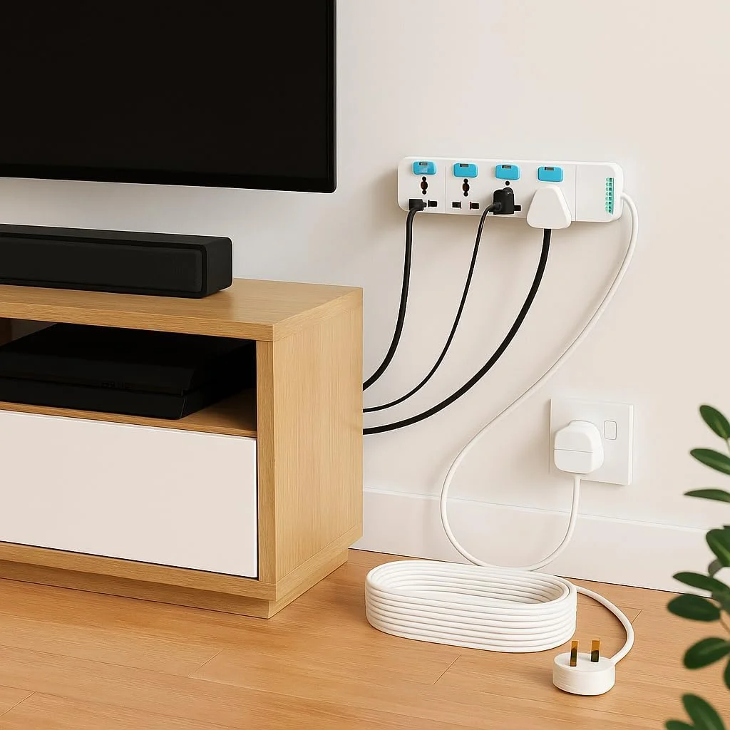 چهار راهی برق یونیورسال ترمیناتور مدل TPB 814-5M با کابل 5 متری، کلیدهای جداگانه با نشانگر LED، دوشاخه فیوزدار 13 آمپر، محافظ برق ABS ضد حریق برای لوازم الکترونیکی منزل و اداره - سفید