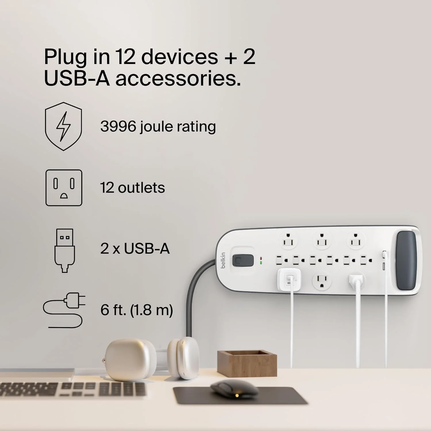 محافظ برق 12 پریز بلکین با 2 پورت USB و کابل برق 1.8 متری (BV112050-06)
