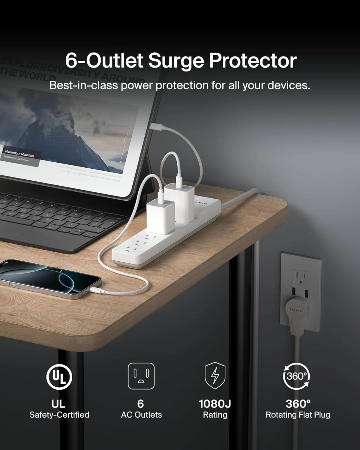 محافظ برق 6 خروجی بلکین با سیم برق 1.8 متری و دوشاخه چرخشی، 1080 ژول (BE106000-06R)