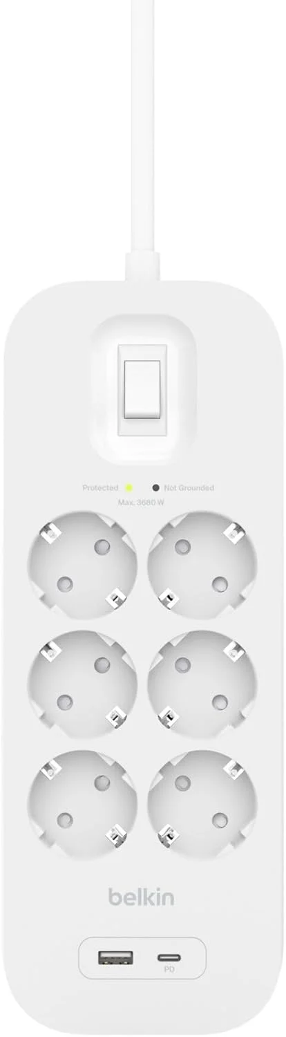 محافظ برق بلکین با 6 پریز برق، مناسب برای نصب روی دیوار با 6 پریز برق محافظ برق بلکین با 6 پریز برق، مناسب برای نصب روی دیوار با 6 پریز برق