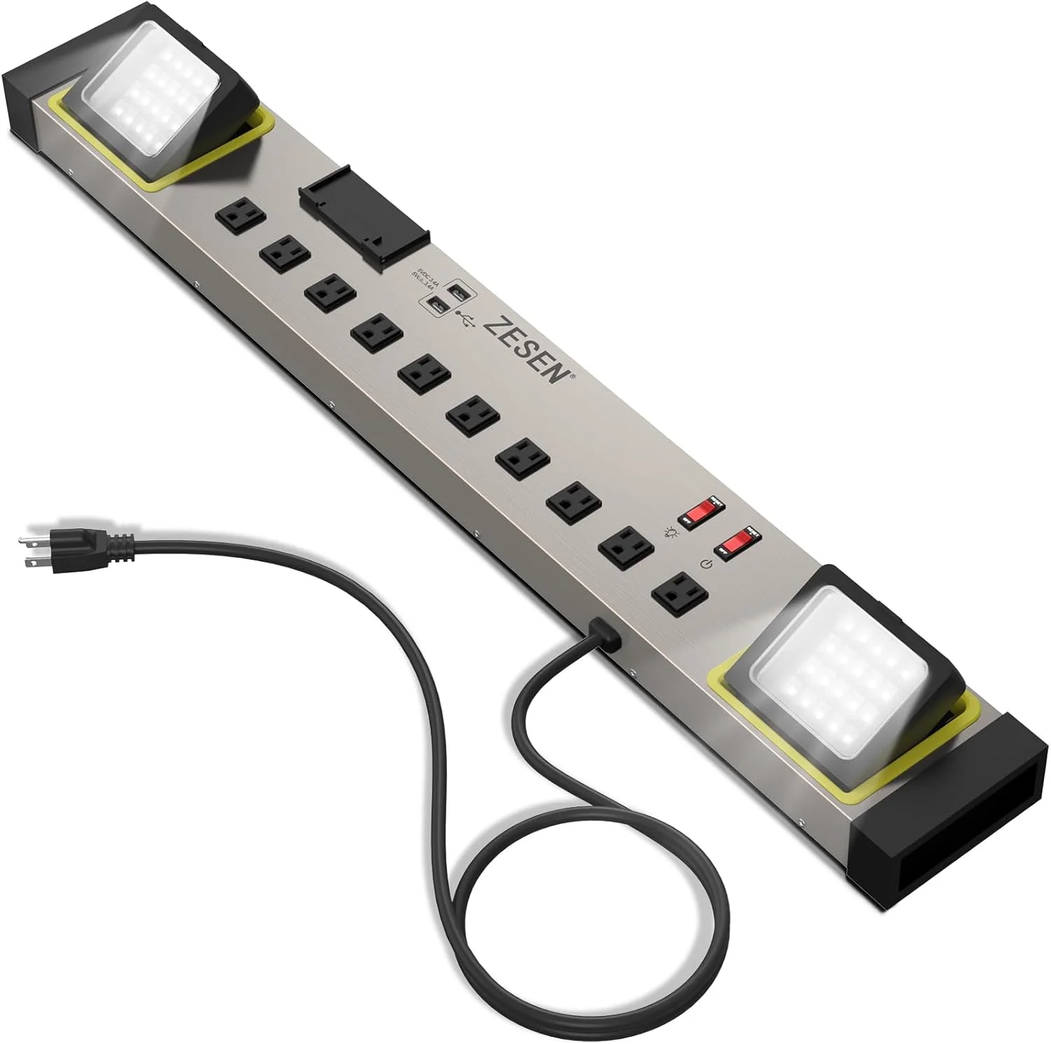 محافظ برق 10 پریز ZESEN با چراغ کار LED، کابل 1.2 متری با دو پورت USB هوشمند، مناسب کارگاه/گاراژ/اداره/خانه، دارای گواهی ETL