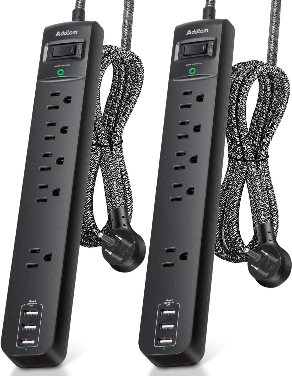 محافظ برق 3 متری با پریزهای متعدد، 5 پریز بزرگ و 3 پورت شارژ USB، دوشاخه تخت با محافظت در برابر اضافه بار، قابلیت نصب روی دیوار برای خانه و دفتر کار، دارای گواهینامه ETL، بسته 2 عددی