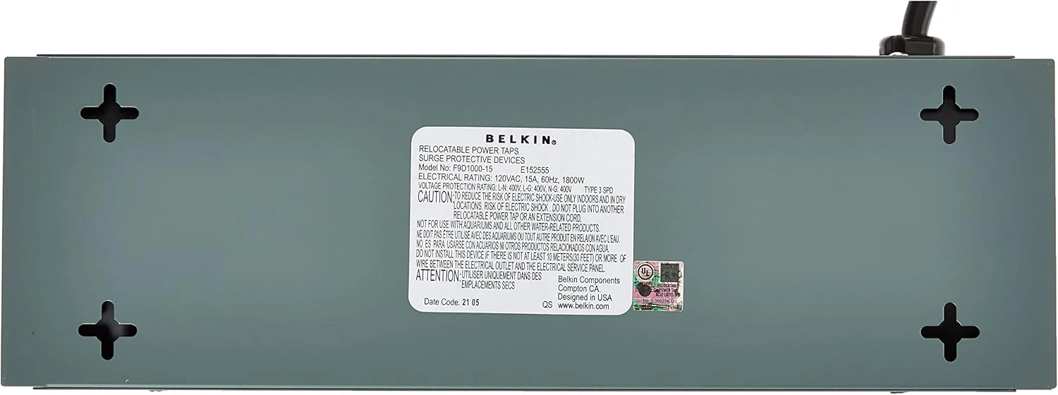 محافظ برق بلکین - 10 پریز برق متناوب، سیم удлинитель فلزی سنگین 15 فوتی با سوراخ های نصب دیواری برای خانه، دفتر، مسافرت، کامپیوتر رومیزی، لپ تاپ و شارژ تلفن - بسته 5 عددی