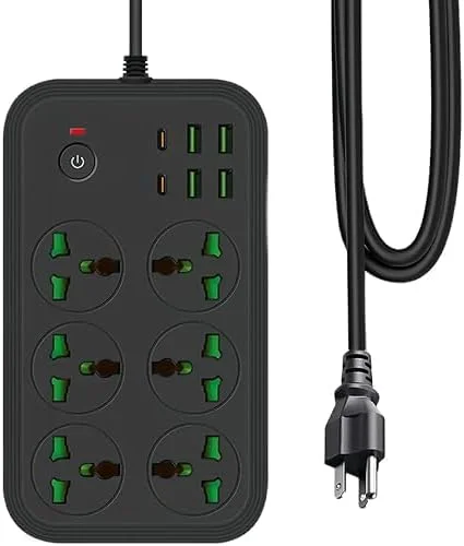 تبدیل برق 12 در 1 با USB-C - سیم رابط با 6 پریز برق متناوب پهن، 4 پورت USB، توسعه دهنده پریز دیواری 3000 واتی برای خانه، دفتر و مسافرت