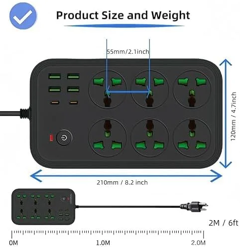 تبدیل برق 12 در 1 با USB-C - سیم رابط با 6 پریز برق متناوب پهن، 4 پورت USB، توسعه دهنده پریز دیواری 3000 واتی برای خانه، دفتر و مسافرت