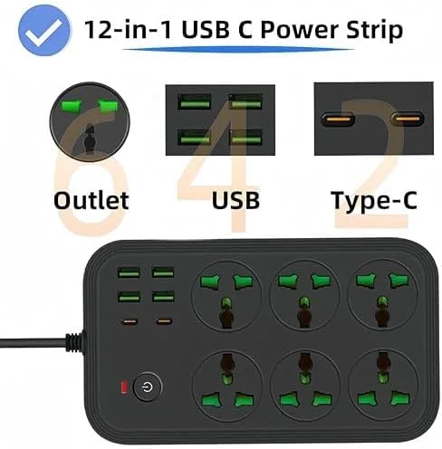 تبدیل برق 12 در 1 با USB-C - سیم رابط با 6 پریز برق متناوب پهن، 4 پورت USB، توسعه دهنده پریز دیواری 3000 واتی برای خانه، دفتر و مسافرت