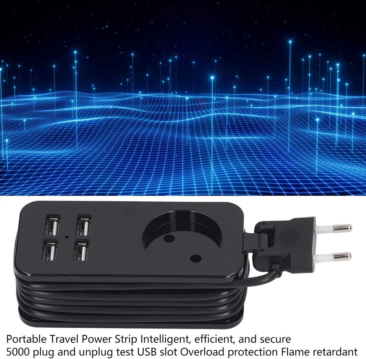 چندراهی برق 1200 وات 10 آمپر با دوشاخه EU و 4 پورت USB برای تلفن و تبلت 250 ولت (مشکی)