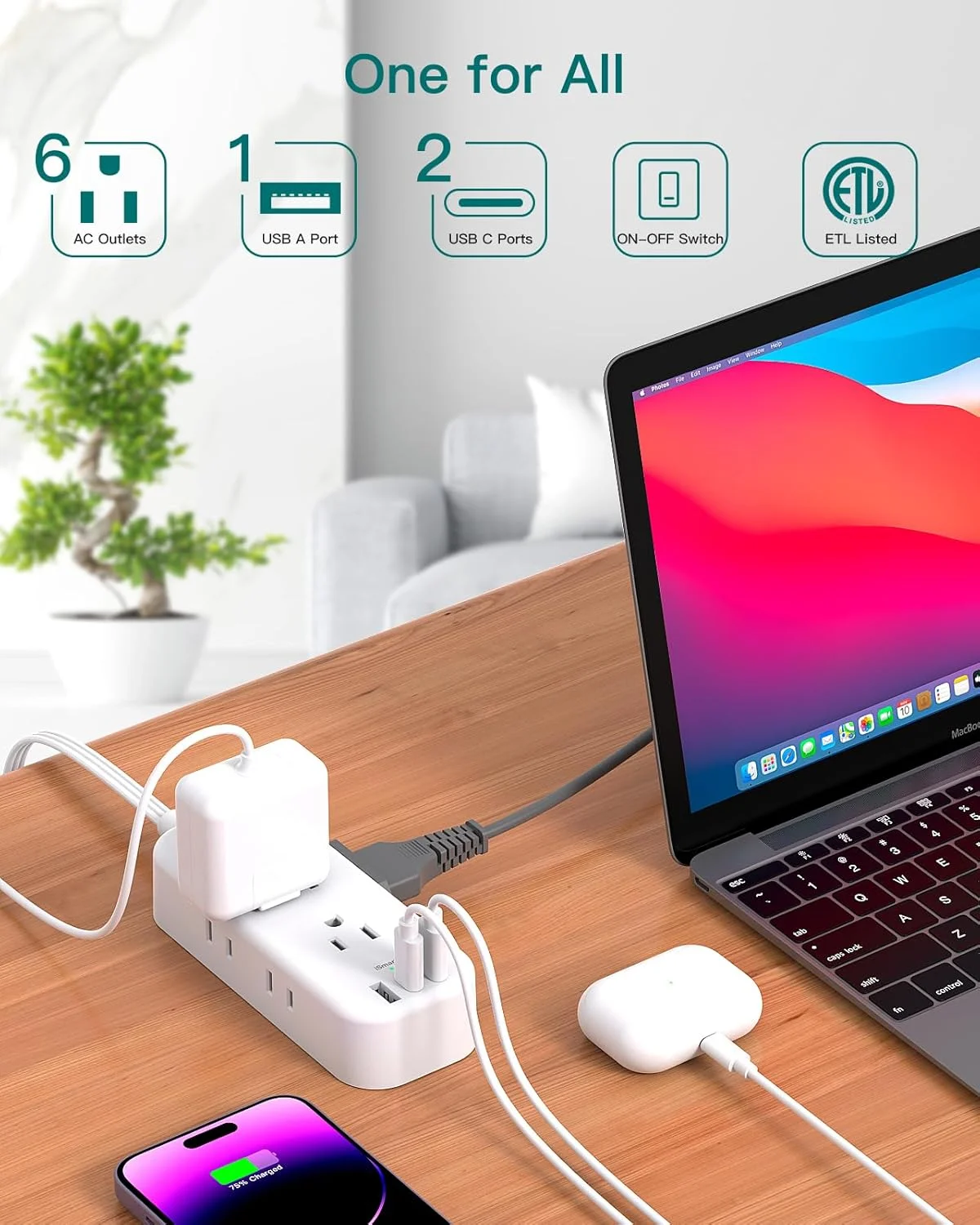 سیم رابط 4.5 متری - محافظ برق، دوشاخه تخت با 6 خروجی AC، 3 پورت USB (2 عدد USB-C)، 1080 ژول، چند راهی