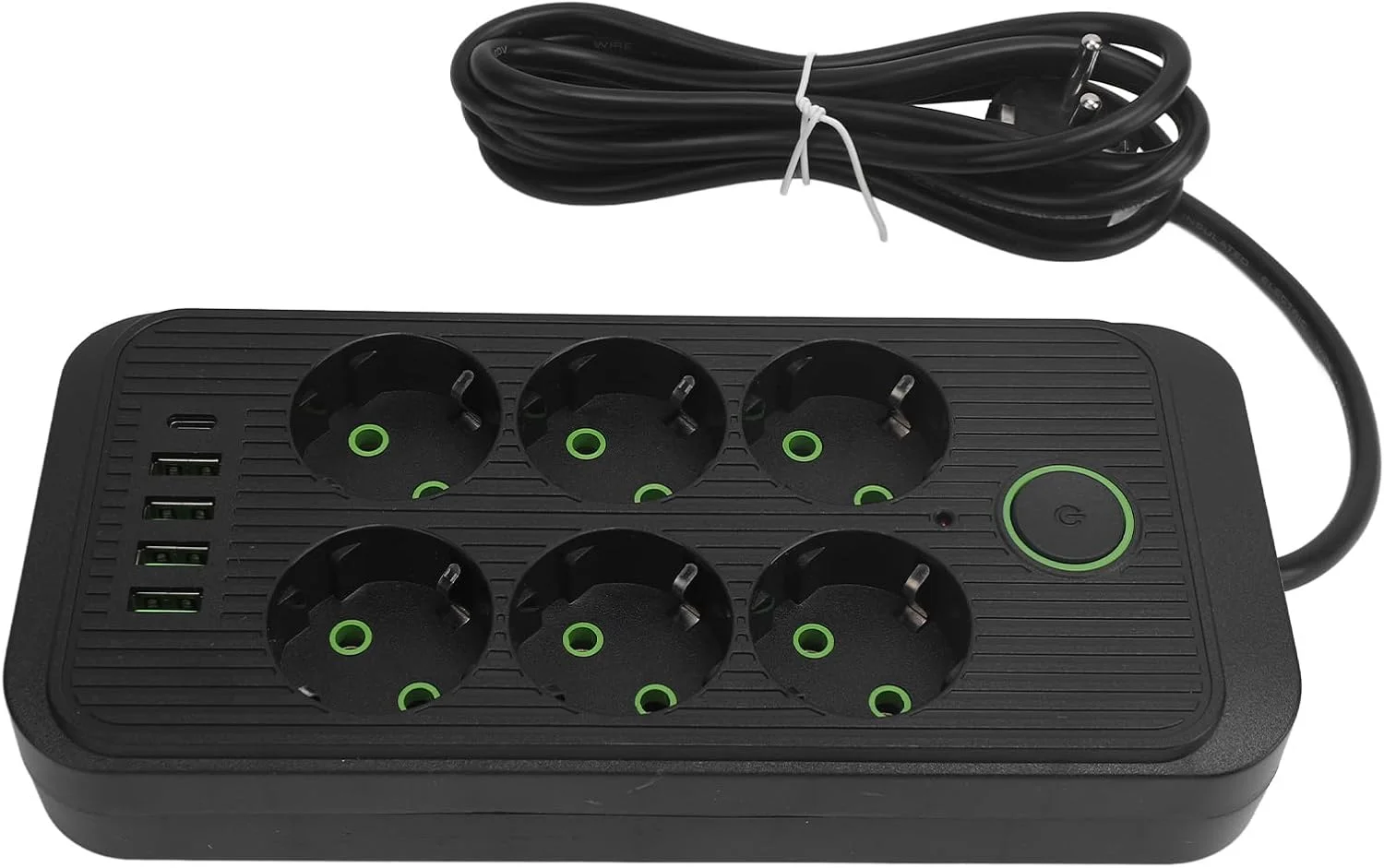 محافظ برق 6 خانه با 4 پورت USB، یک پورت Type C و دوشاخه اروپایی 10 آمپر 2500 وات (مشکی)