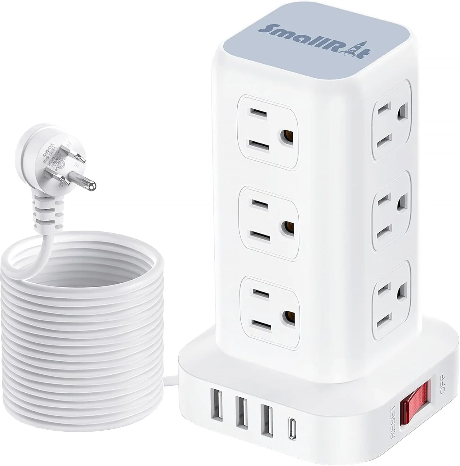 سیم سیار بلند 5 متری، محافظ برق، چند راهی برق با 12 پریز و 4 پورت USB (شامل 1 پورت USB C)، چند شاخه با دوشاخه تخت