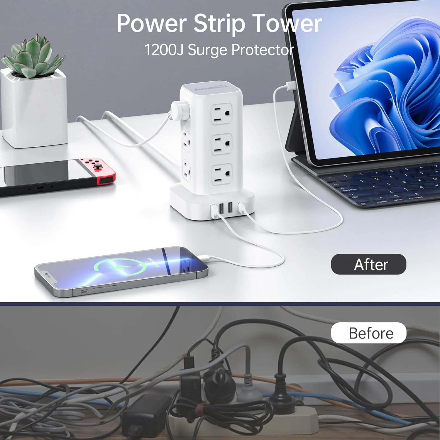سیم سیار بلند 5 متری، محافظ برق، چند راهی برق با 12 پریز و 4 پورت USB (شامل 1 پورت USB C)، چند شاخه با دوشاخه تخت