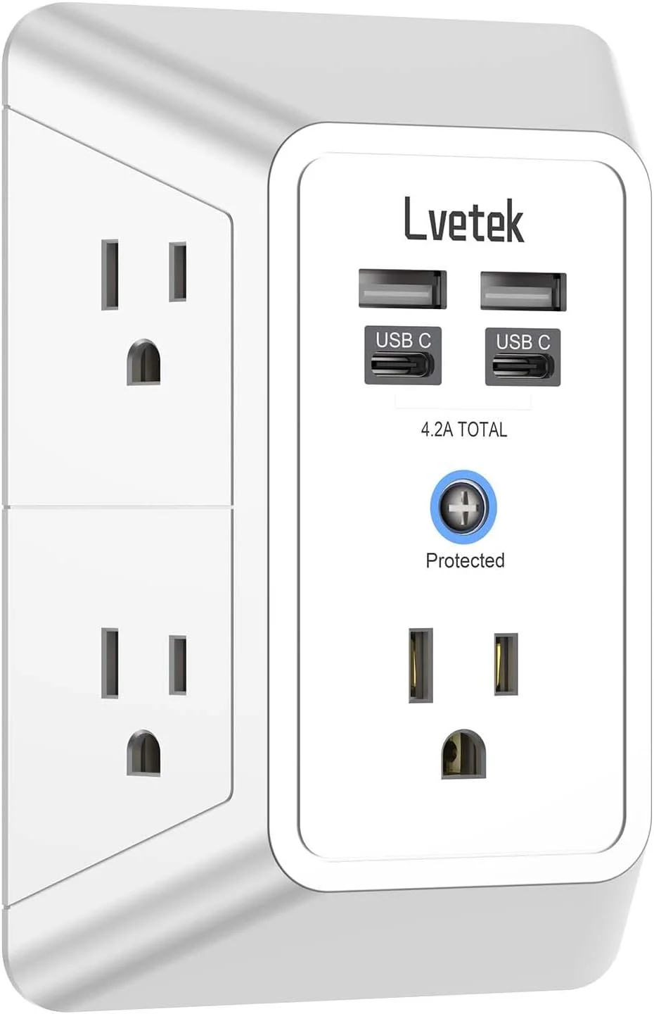 افزایش دهنده پریز برق 3 طرفه، محافظ برق با 5 پریز چندگانه و 4 پورت USB (2 USB C)، شارژر دیواری USB، تقسیم کننده پریز برق برای منزل، مسافرت، دفتر کار، دارای گواهی ETL، سفید