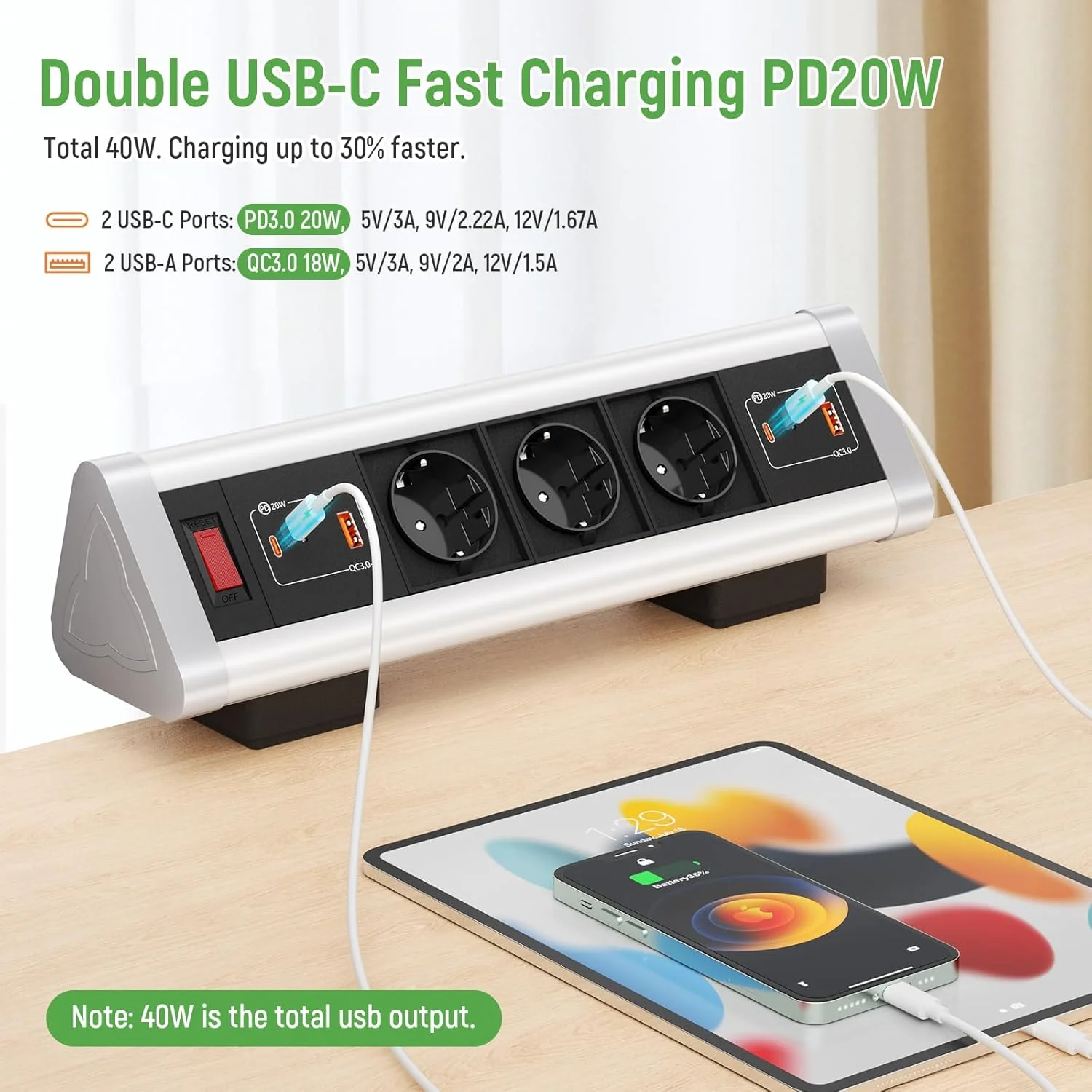 سه راهی پریز رومیزی با 2 پورت USB C PD 20W، محافظ برق رومیزی با کلید، پریز رومیزی با 2 گیره، کابل 1.8 متری، 16 آمپر/3680 وات