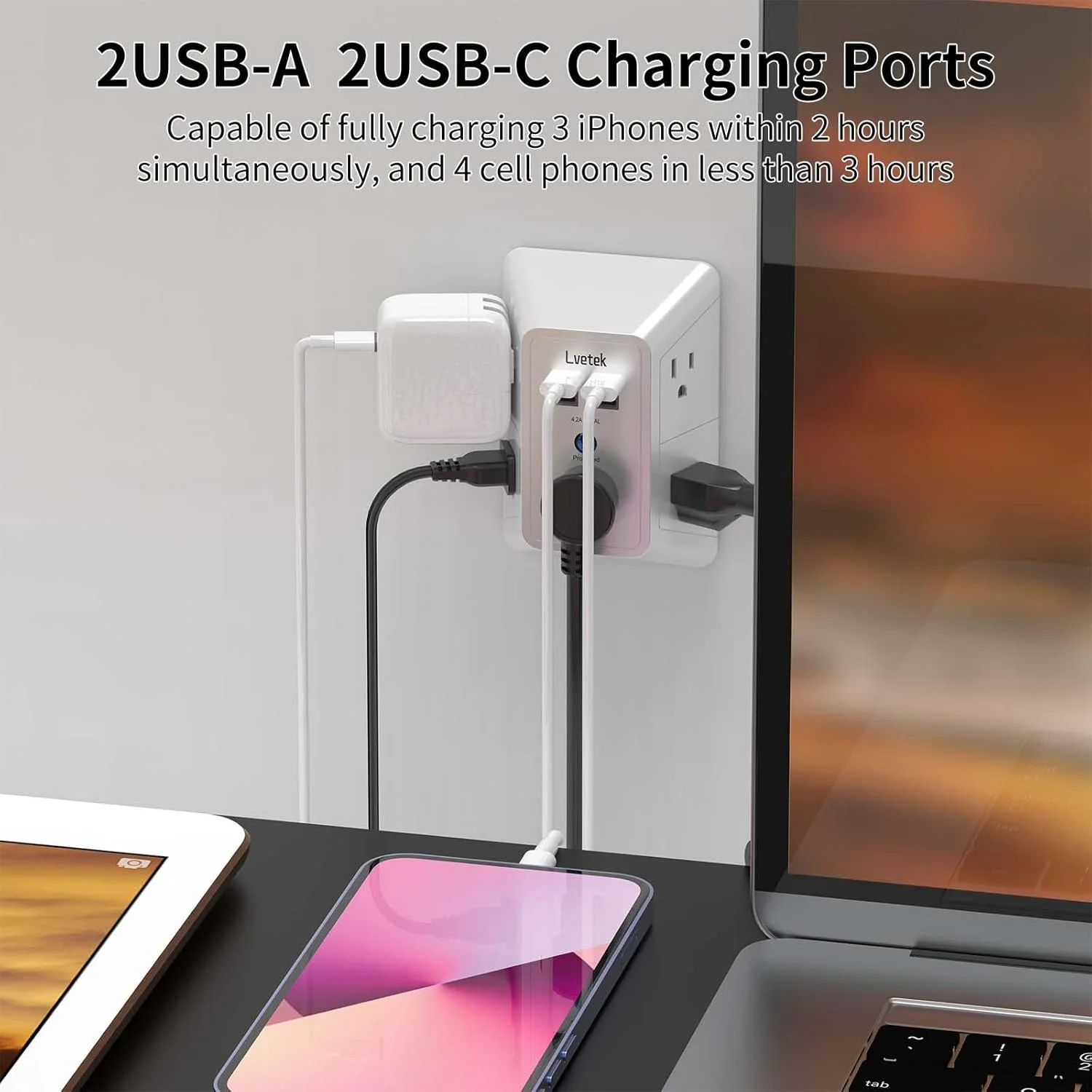 افزایش دهنده پریز برق 3 طرفه، محافظ برق با 5 پریز چندگانه و 4 پورت USB (2 USB C)، شارژر دیواری USB، تقسیم کننده پریز برق برای منزل، مسافرت، دفتر کار، دارای گواهی ETL، سفید