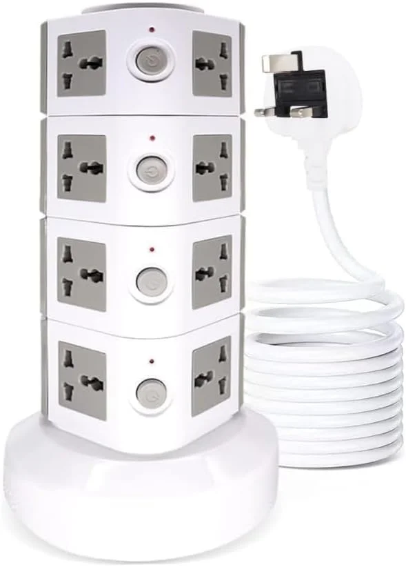 برج چند راهی 4 طبقه با پریزهای متعدد، 220 ولت، دارای پورت USB، کابل 3 متری، دوشاخه UK، محافظ برق (سفید طوسی) (4 طبقه)