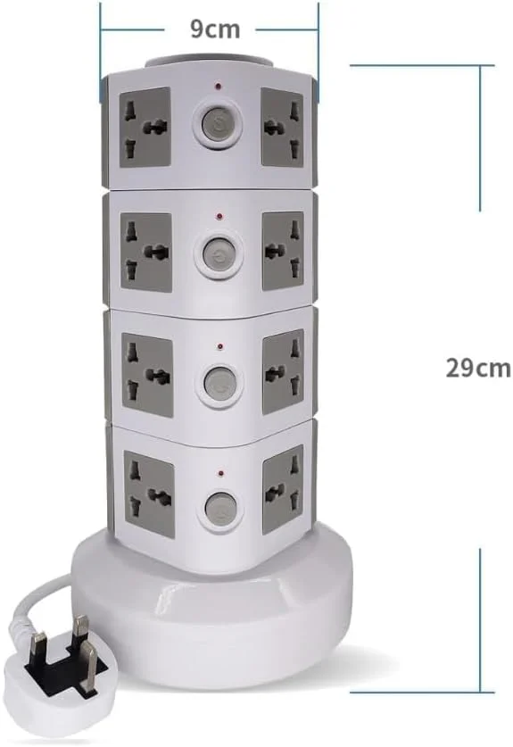 برج چند راهی 4 طبقه با پریزهای متعدد، 220 ولت، دارای پورت USB، کابل 3 متری، دوشاخه UK، محافظ برق (سفید طوسی) (4 طبقه)