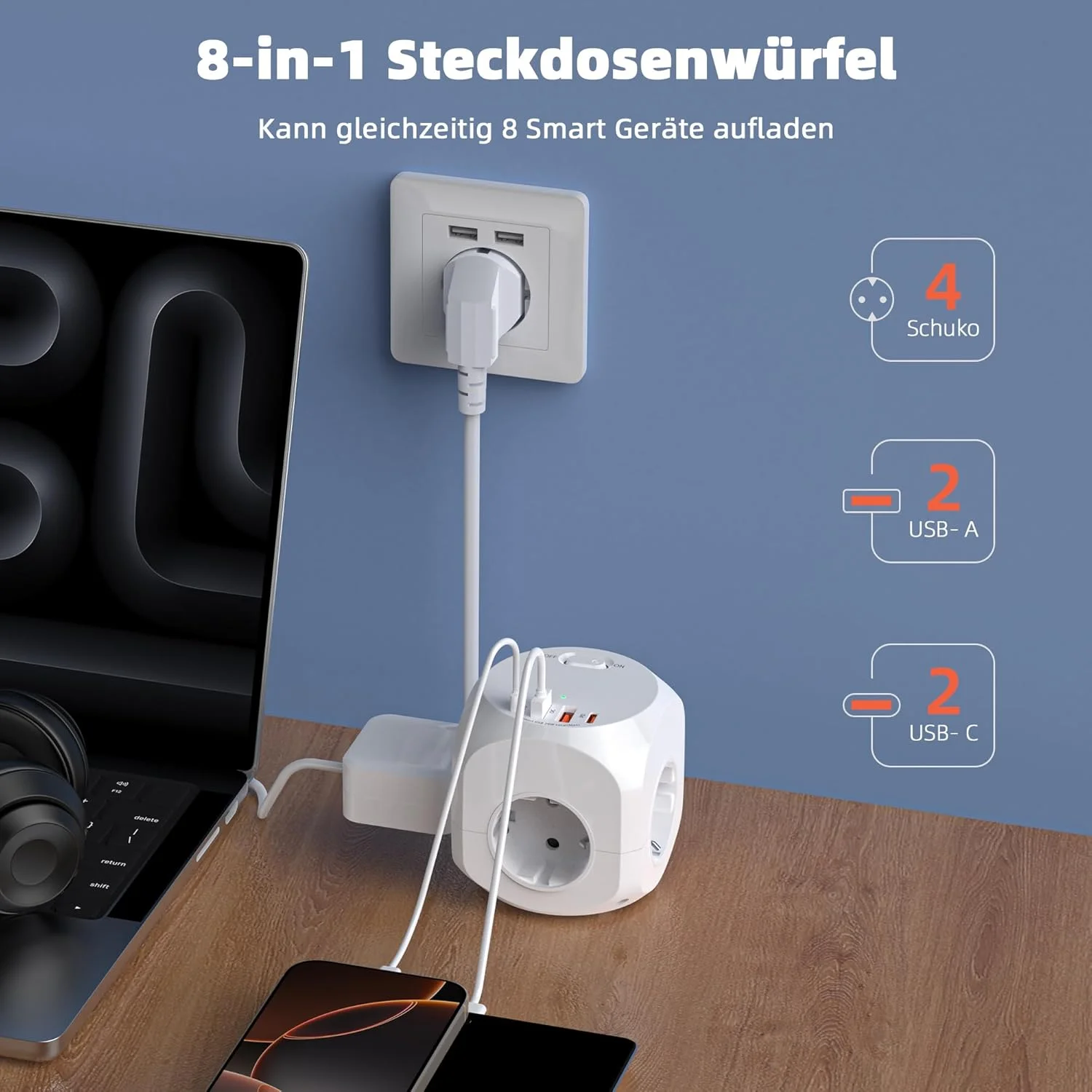 مکعبی پریز برق 4 طرفه با USB، چند راهی مکعبی با USB، محافظ برق 3680 واتی با USB C، شارژر مکعبی چند شاخه برای دفتر، خانه، خانه