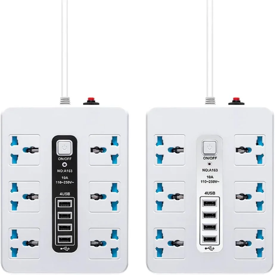 محافظ برق 6 پریز با 4 پورت USB، 110-250 ولت، 10 آمپر، سفید