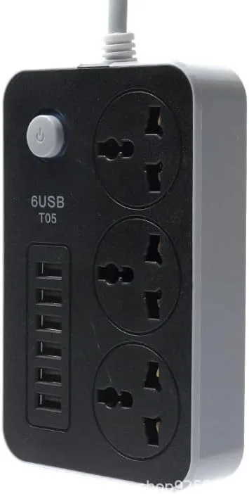 محافظ برق 6 پورت با 3 پریز برق متناوب و 6 پورت USB، دکمه روشن/خاموش، سیاه و سفید